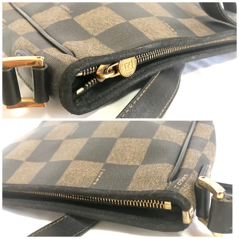 FENDI Vintage pecan chess pattern shoulder bag with FF logo motif