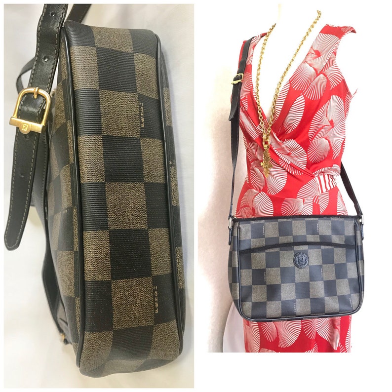 FENDI Vintage pecan chess pattern shoulder bag with FF logo motif