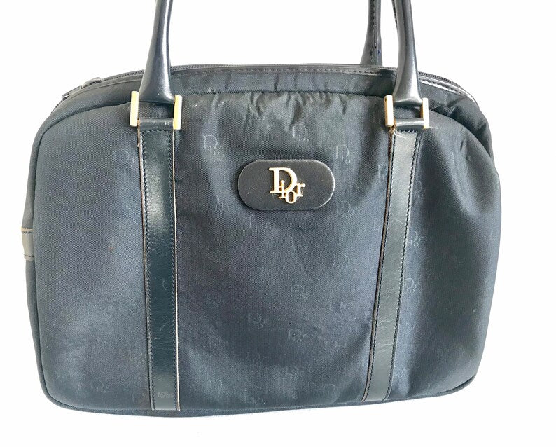 CHRISTIAN DIOR  navy handbag with logo jacquard nylon and leather trimmings
