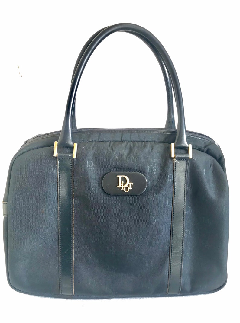 CHRISTIAN DIOR  navy handbag with logo jacquard nylon and leather trimmings