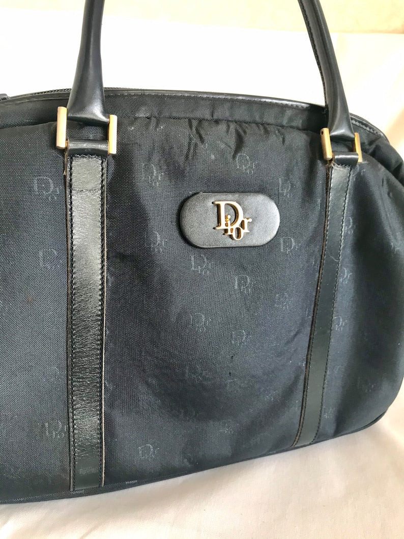 CHRISTIAN DIOR  navy handbag with logo jacquard nylon and leather trimmings