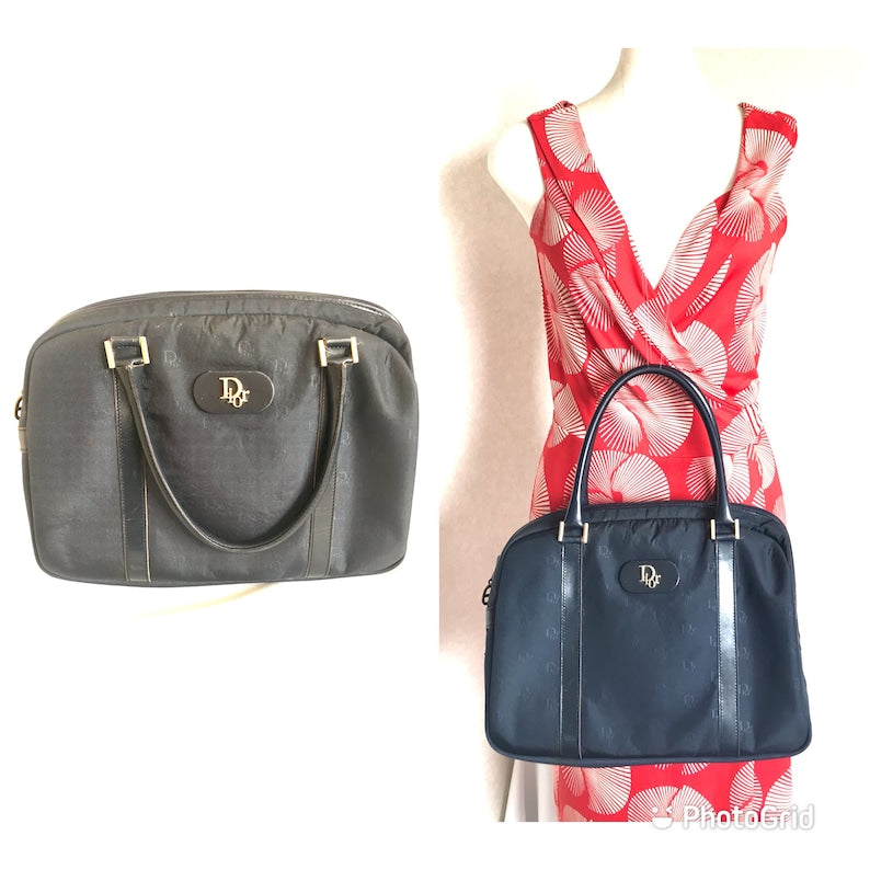 CHRISTIAN DIOR  navy handbag with logo jacquard nylon and leather trimmings