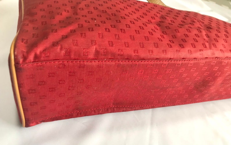 FENDI Vintage red logo jacquard fabric large shopper tote bag with brown leather handles