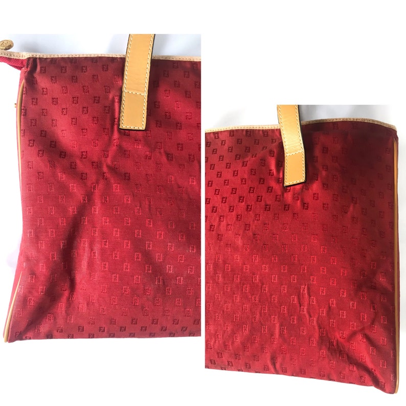 FENDI Vintage red logo jacquard fabric large shopper tote bag with brown leather handles
