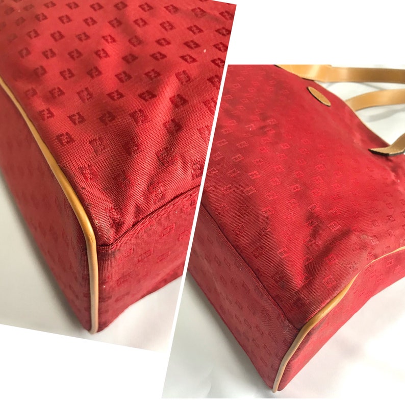 FENDI Vintage red logo jacquard fabric large shopper tote bag with brown leather handles