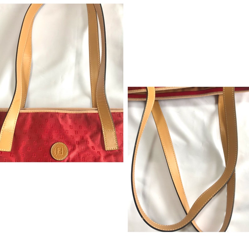 FENDI Vintage red logo jacquard fabric large shopper tote bag with brown leather handles
