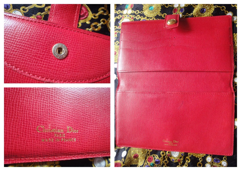 CHRISTIAN DIOR  red genuine leather wallet with gold tone CD charm