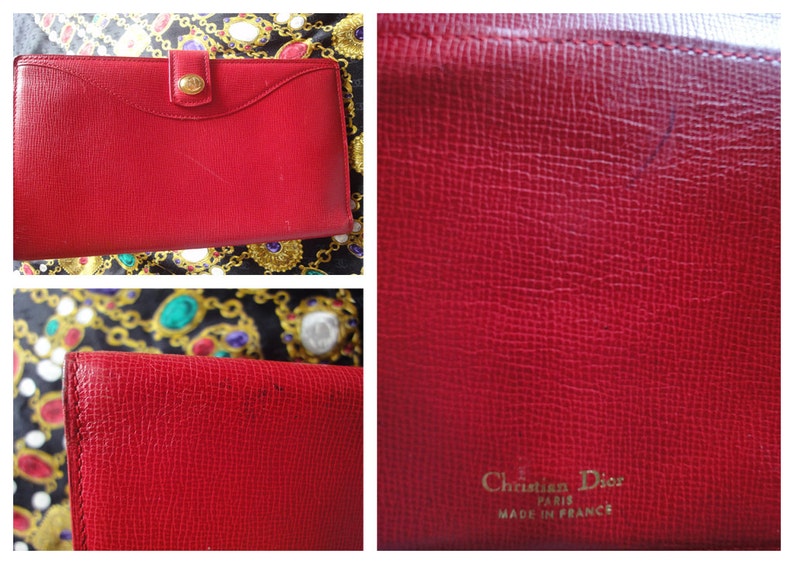 CHRISTIAN DIOR  red genuine leather wallet with gold tone CD charm