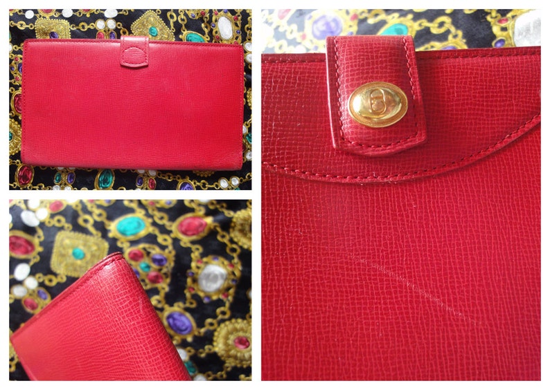 CHRISTIAN DIOR  red genuine leather wallet with gold tone CD charm