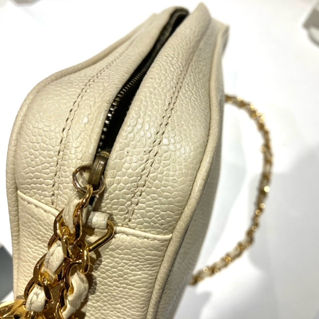 CHANEL 1994-1996 Triple CC Camera Bag Small Ivory Caviar