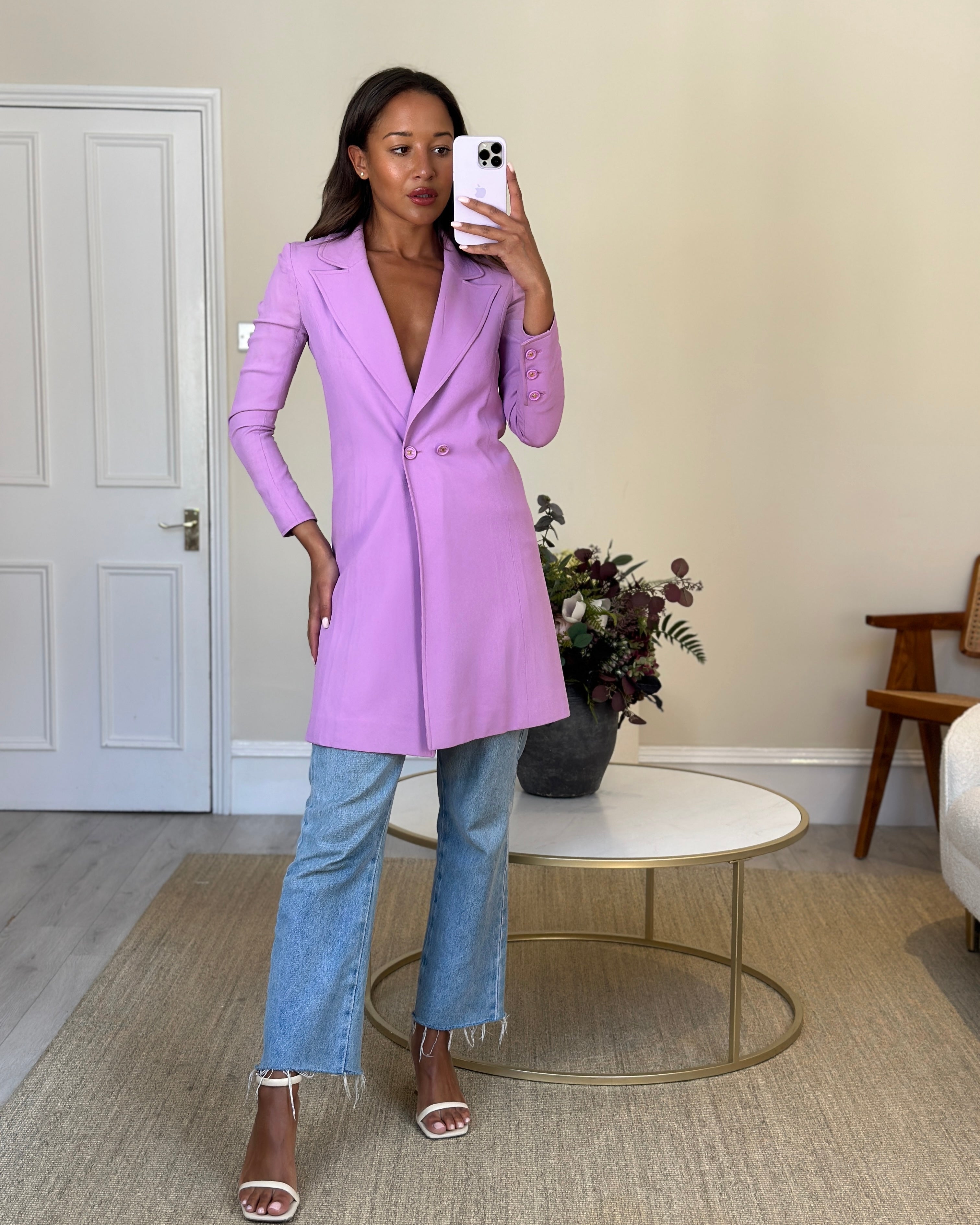 Chanel Vintage 97/P Lilac Longline Blazer with CC Button Detail Size FR 38 (UK 10)