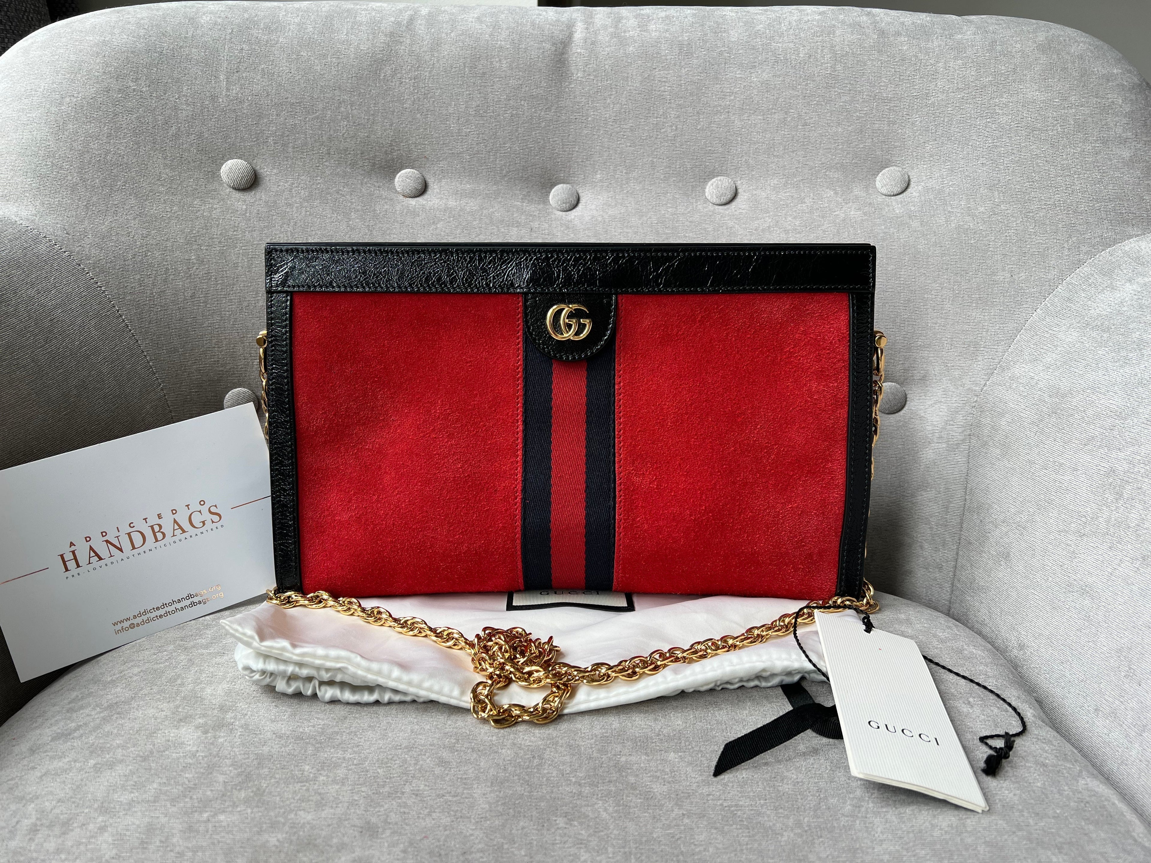 Gucci Red Suede and Black Leather Ophidia Shoulder Bag