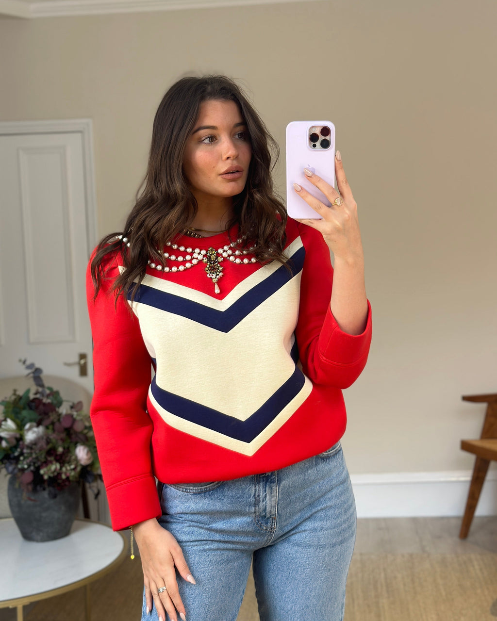 Gucci Red, Navy and Cream Jumper with Embellished Pearl Collar Detail Size L (UK 12-14)