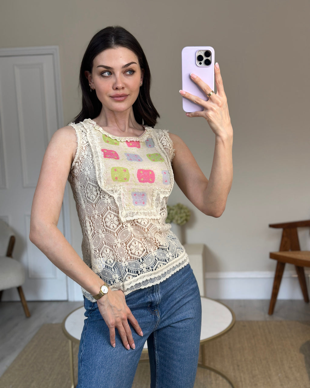 Chanel Cream Crochet Sleeveless Top with Multicoloured Detail FR 36 (UK 8)