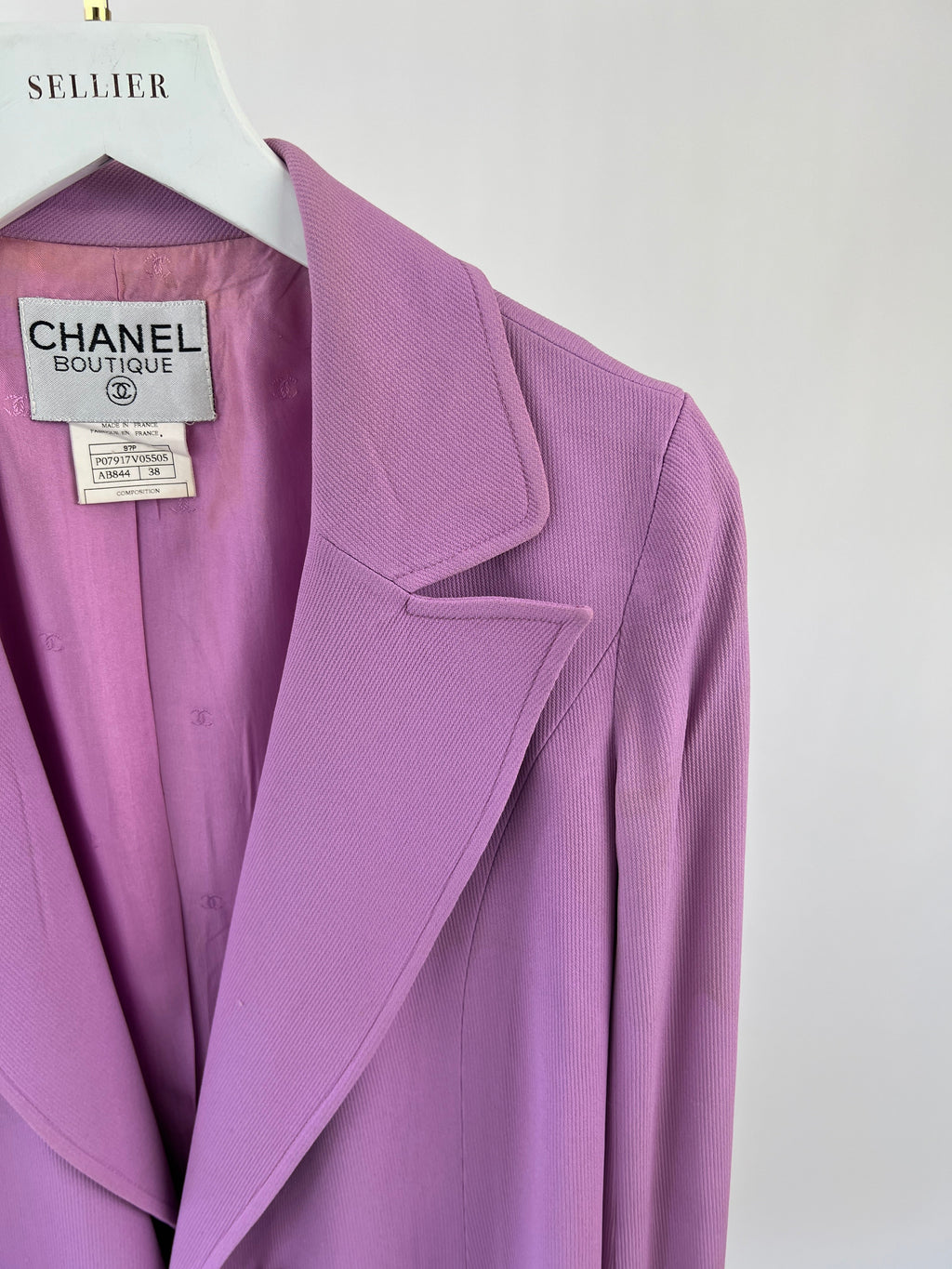 Chanel Vintage 97/P Lilac Longline Blazer with CC Button Detail Size FR 38 (UK 10)