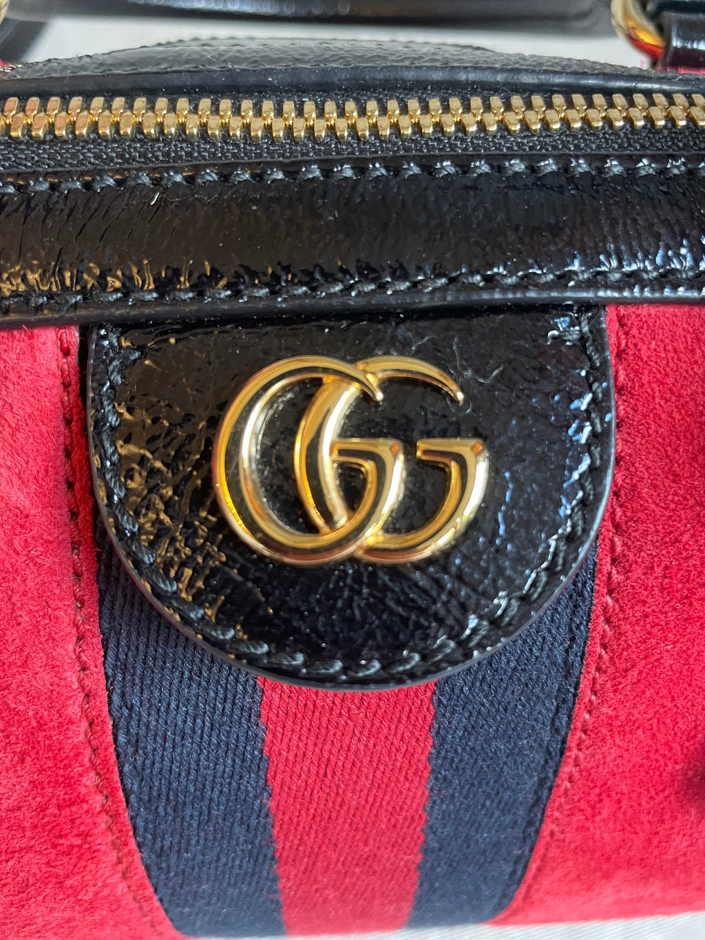 Gucci Red Suede and Blue Leather Ophidia Boston Bag