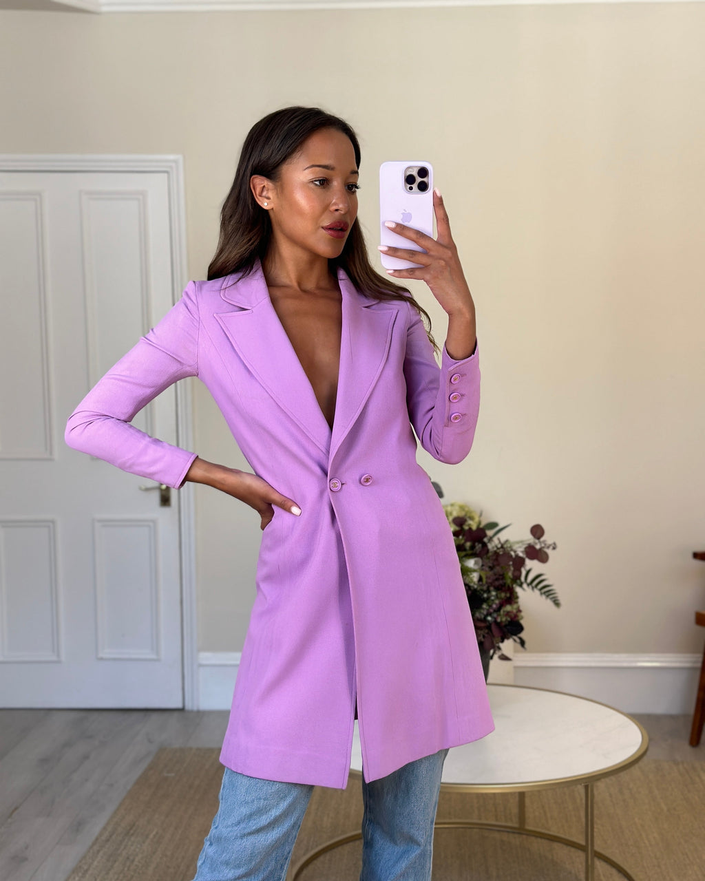 Chanel Vintage 97/P Lilac Longline Blazer with CC Button Detail Size FR 38 (UK 10)