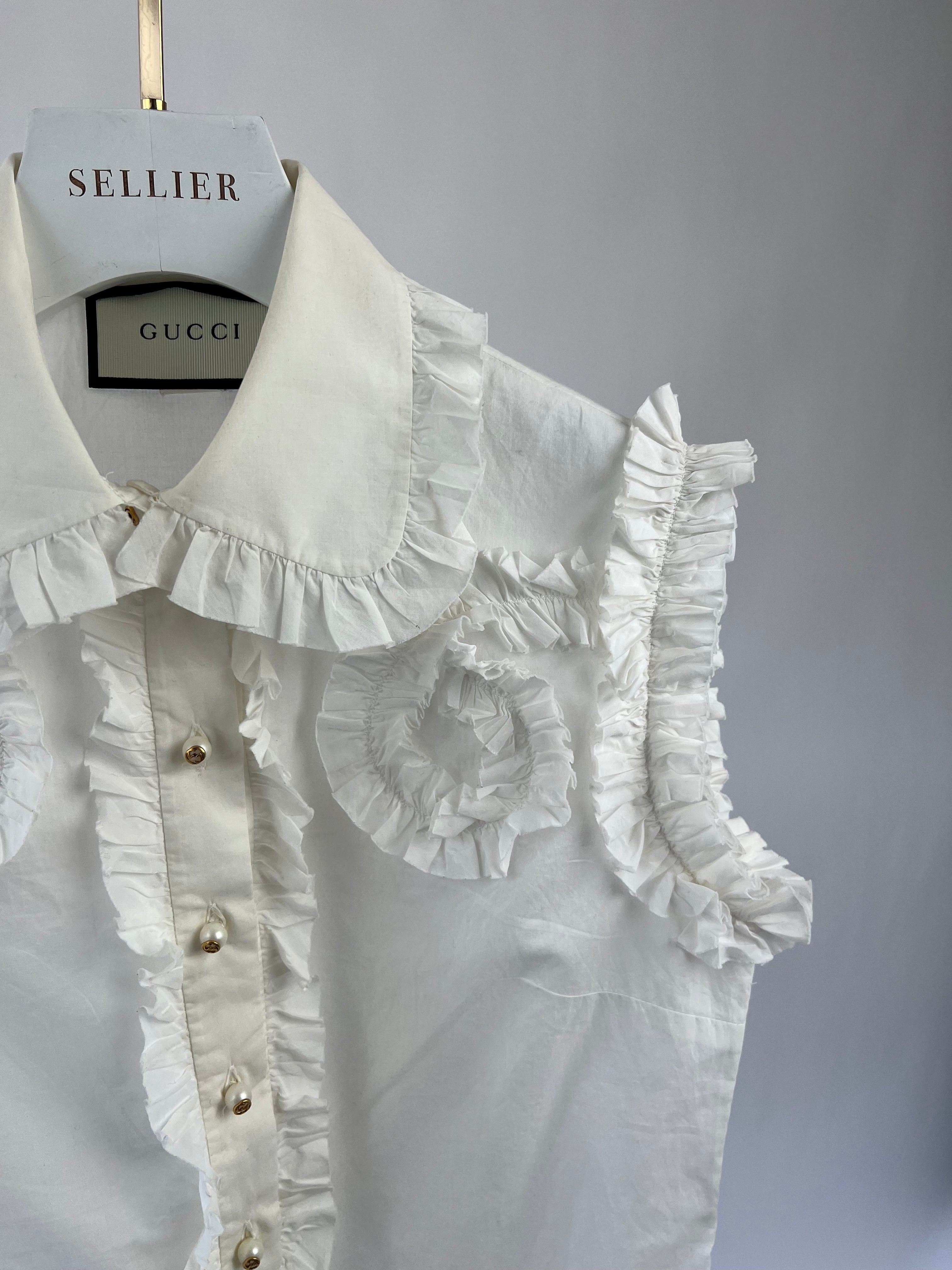 Gucci White Ruched Short Sleeve Blouse with Pearl GG Detailing IT 38 (UK 6)