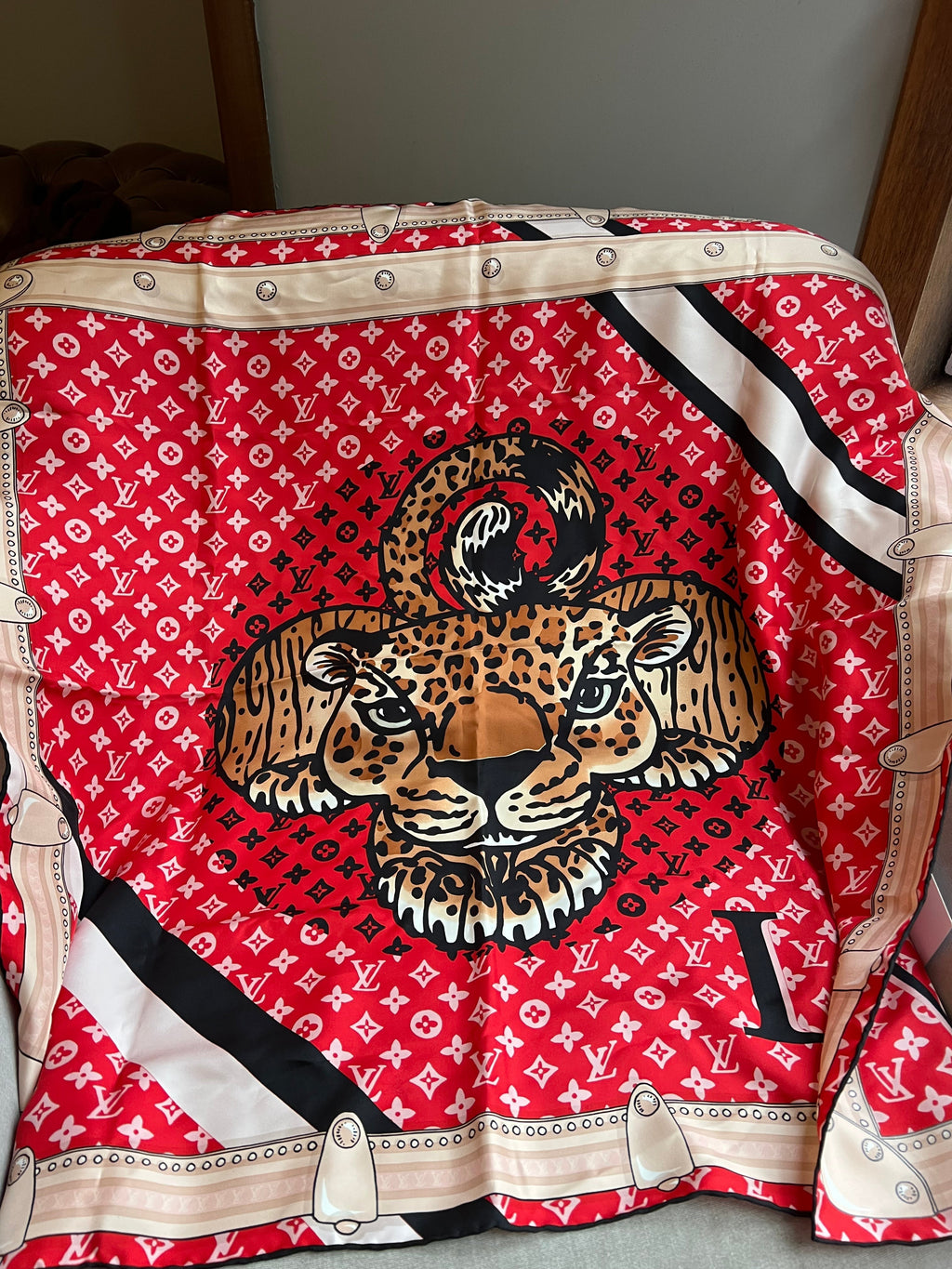Louis Vuitton Red Tiger Print Silk Shawl