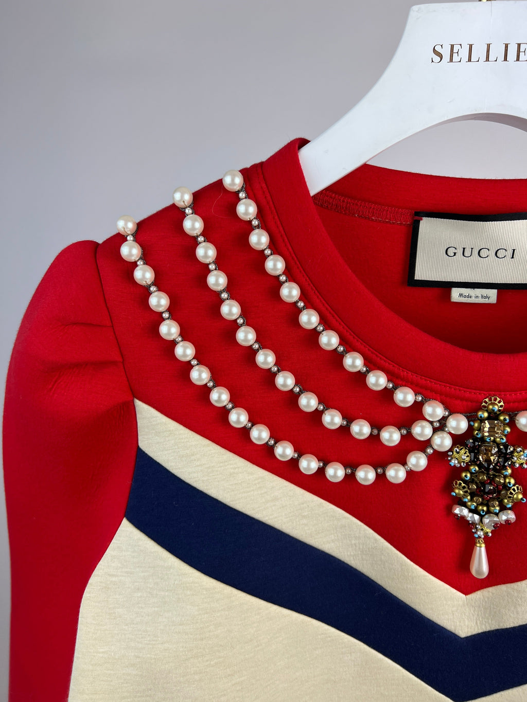 Gucci Red, Navy and Cream Jumper with Embellished Pearl Collar Detail Size L (UK 12-14)