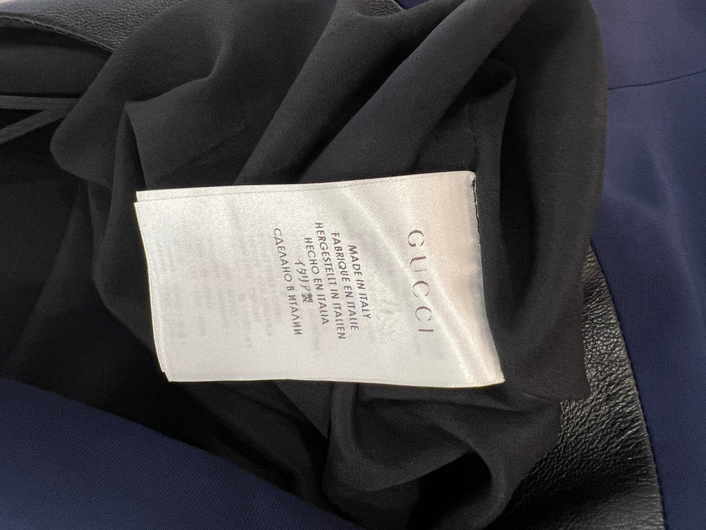Gucci Navy Silk Sleeveless Dress with Black Leather Details Size IT 38 (UK 6)