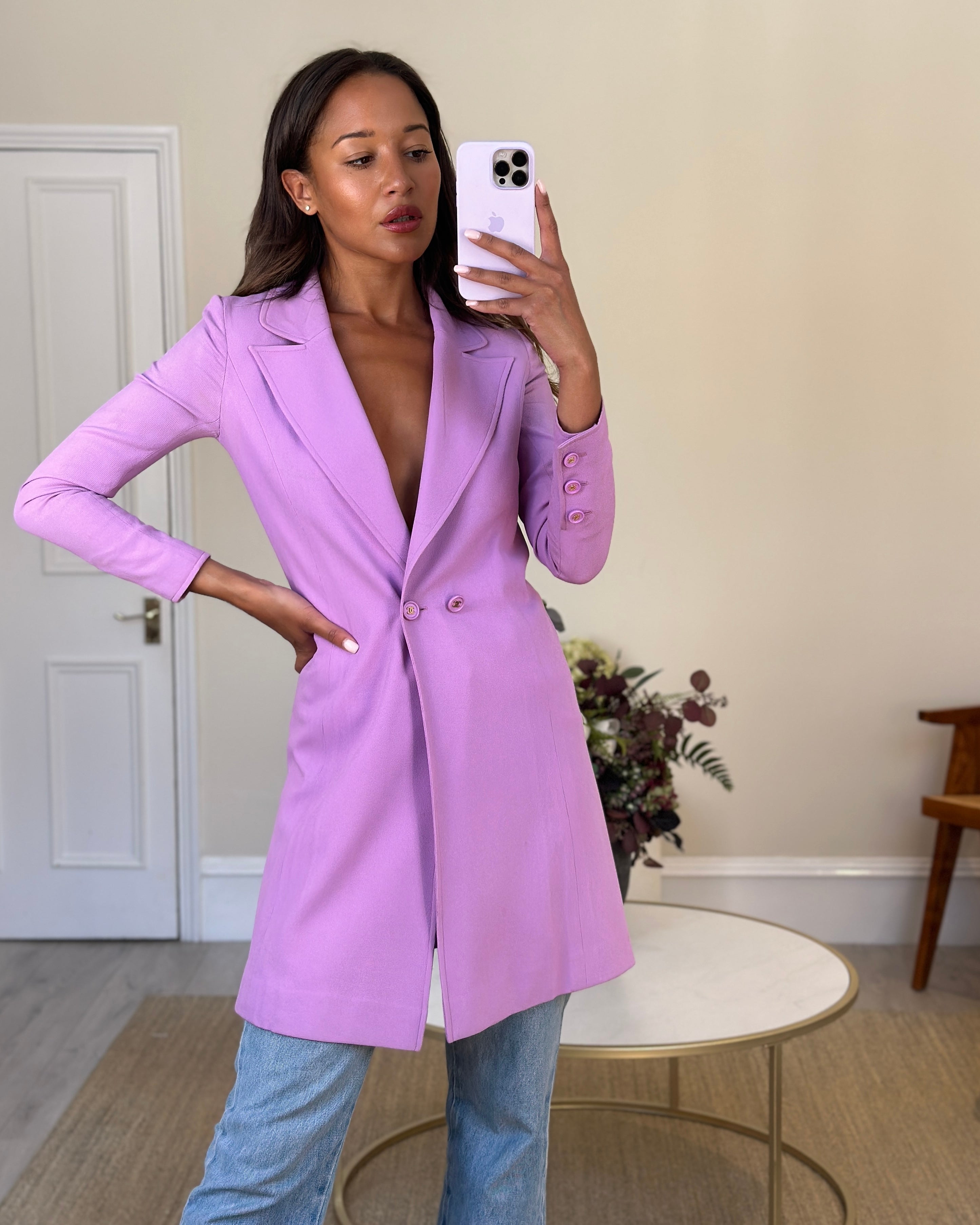 Chanel Vintage 97/P Lilac Longline Blazer with CC Button Detail Size FR 38 (UK 10)