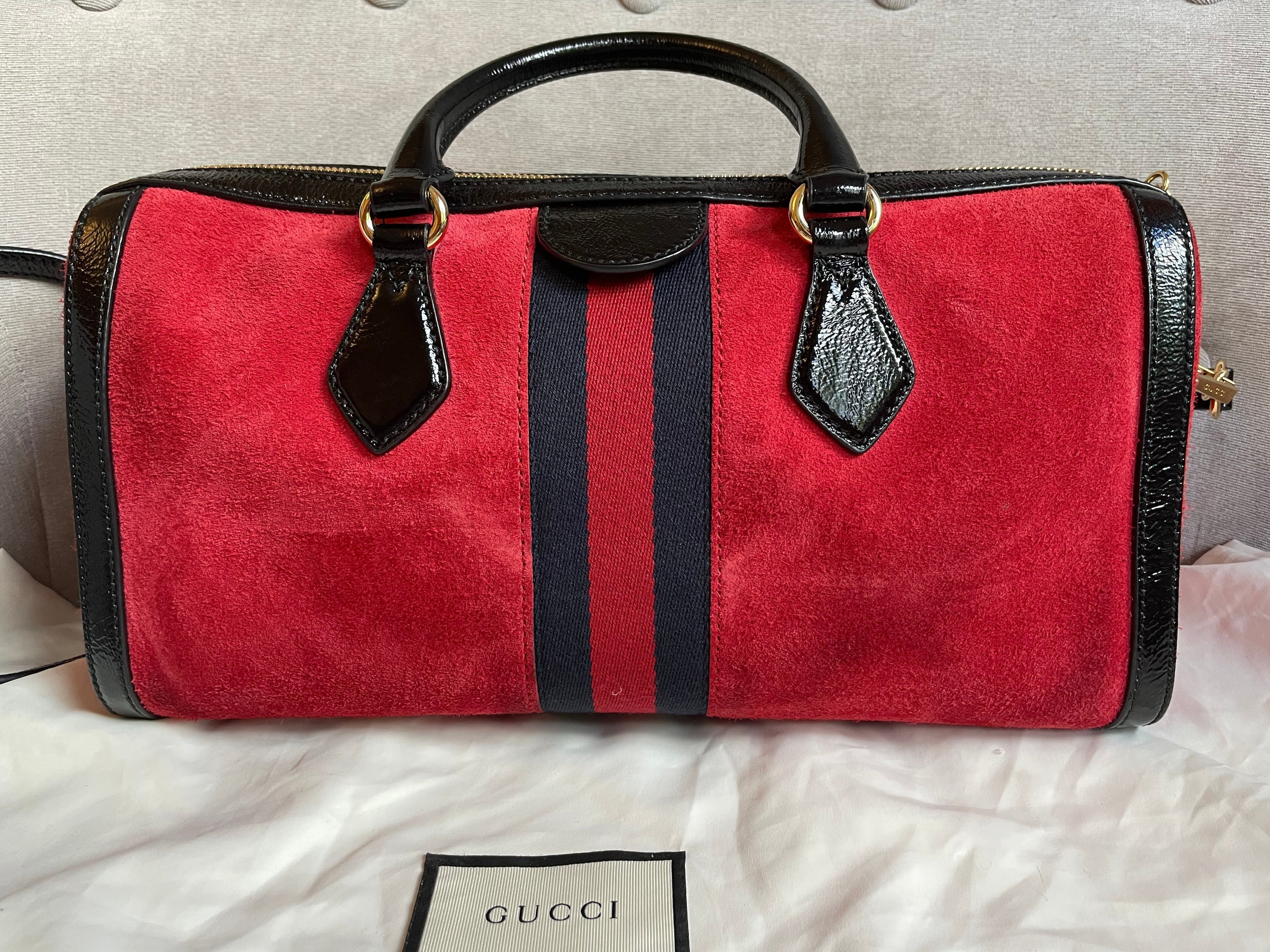 Gucci Red Suede and Blue Leather Ophidia Boston Bag