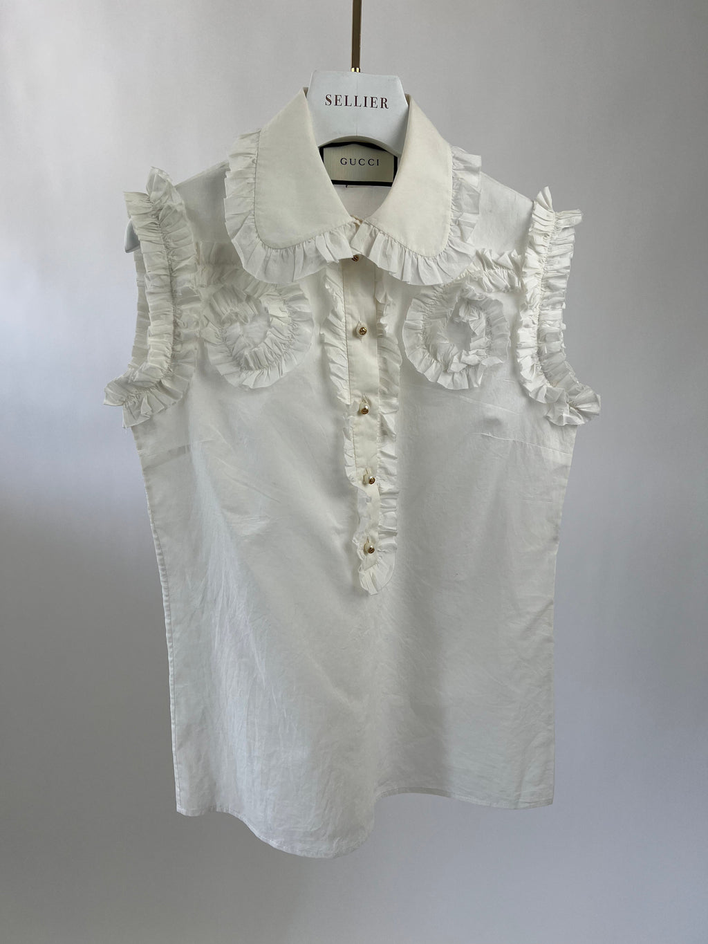 Gucci White Ruched Short Sleeve Blouse with Pearl GG Detailing IT 38 (UK 6)