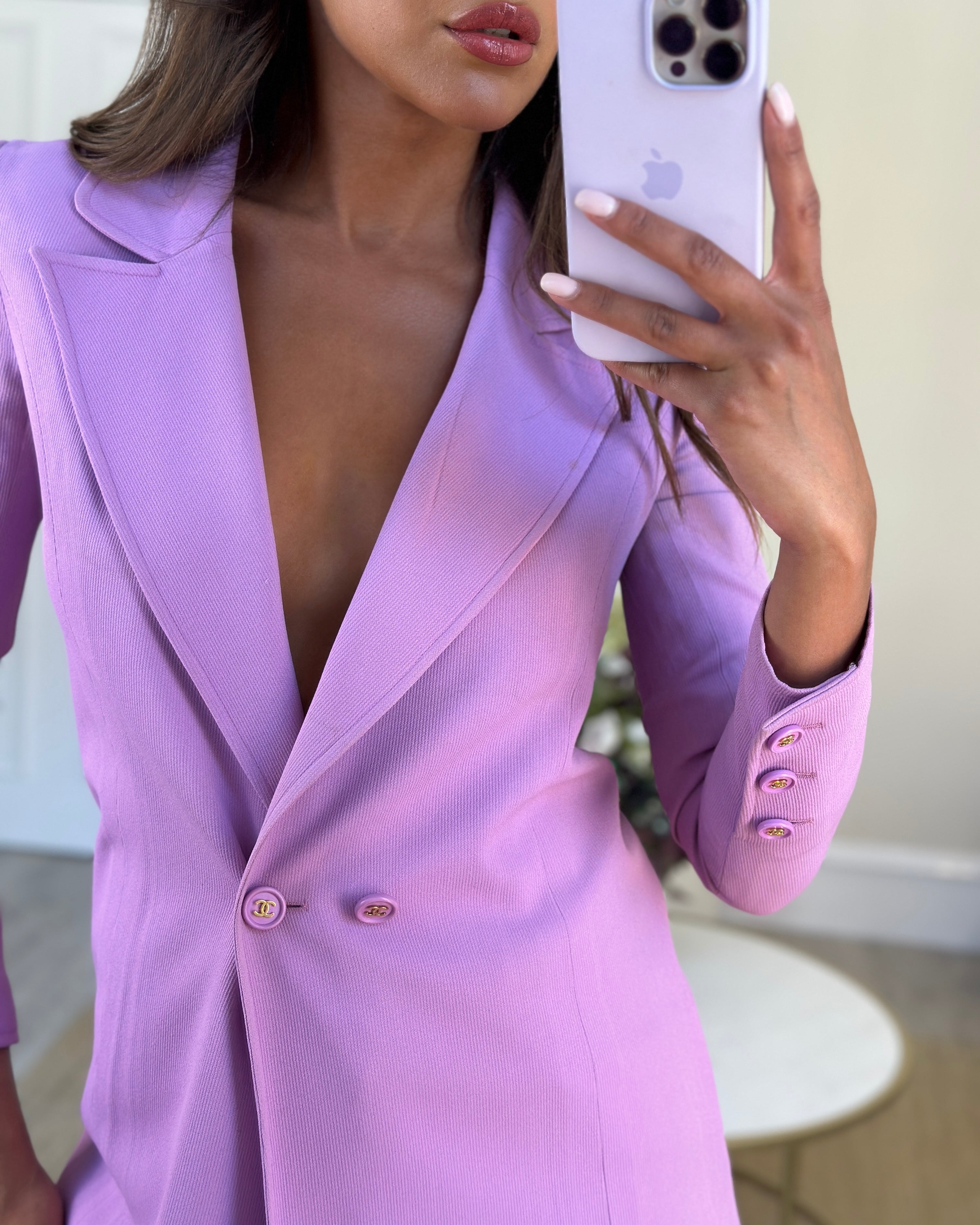 Chanel Vintage 97/P Lilac Longline Blazer with CC Button Detail Size FR 38 (UK 10)