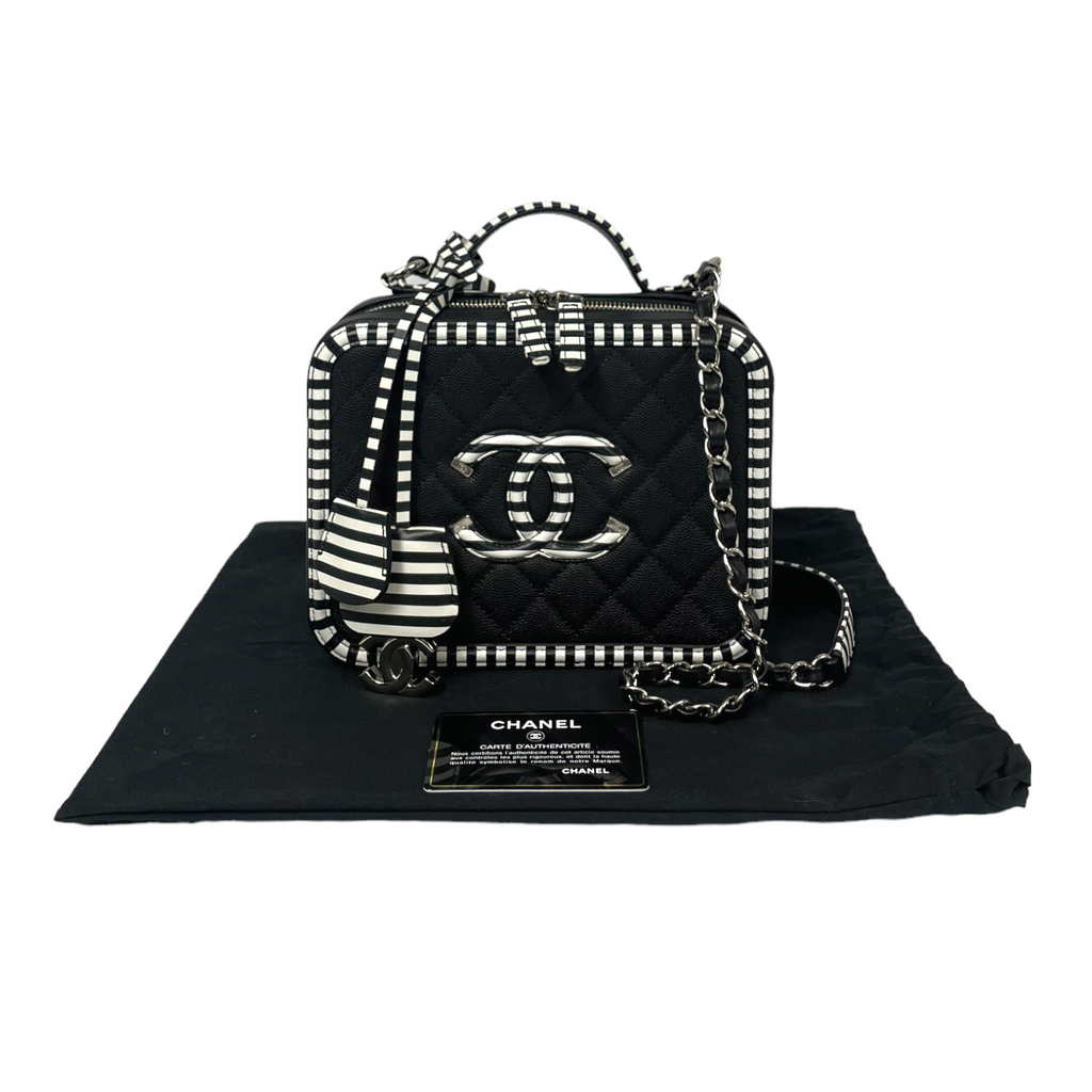 Chanel Filigree Vanity Case Small Black Caviar Silver