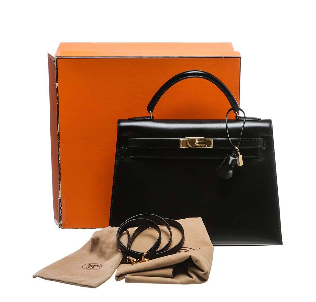 Hermès Kelly 32 Black Box Leather Bag GHW