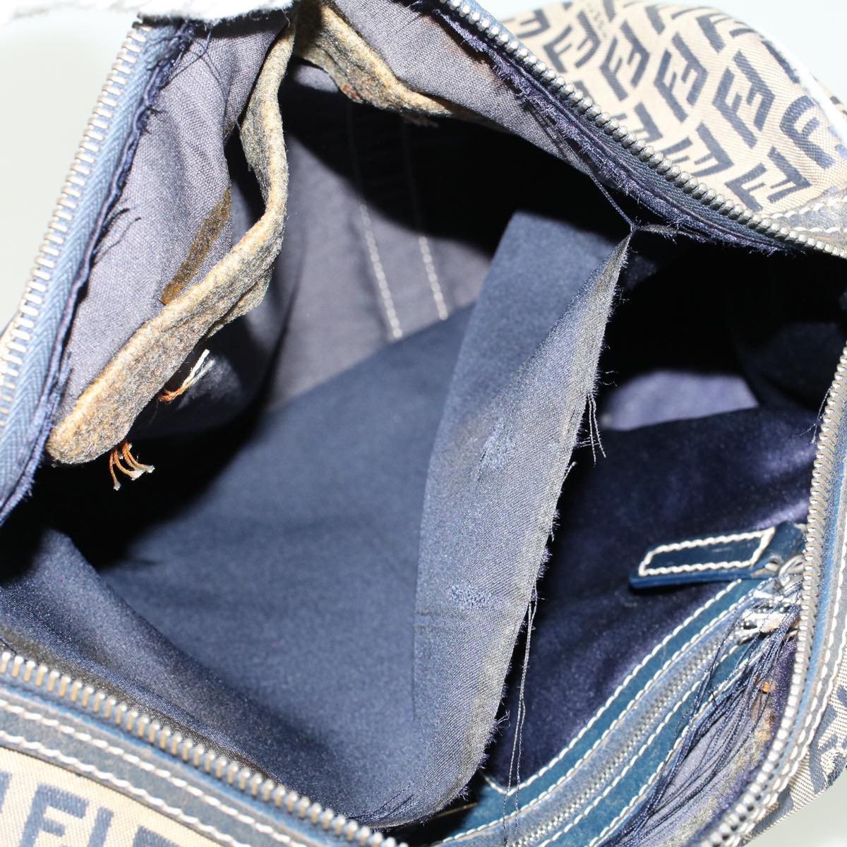 FENDI Zucchino Canvas Hand Bag Leather Navy  ki3064