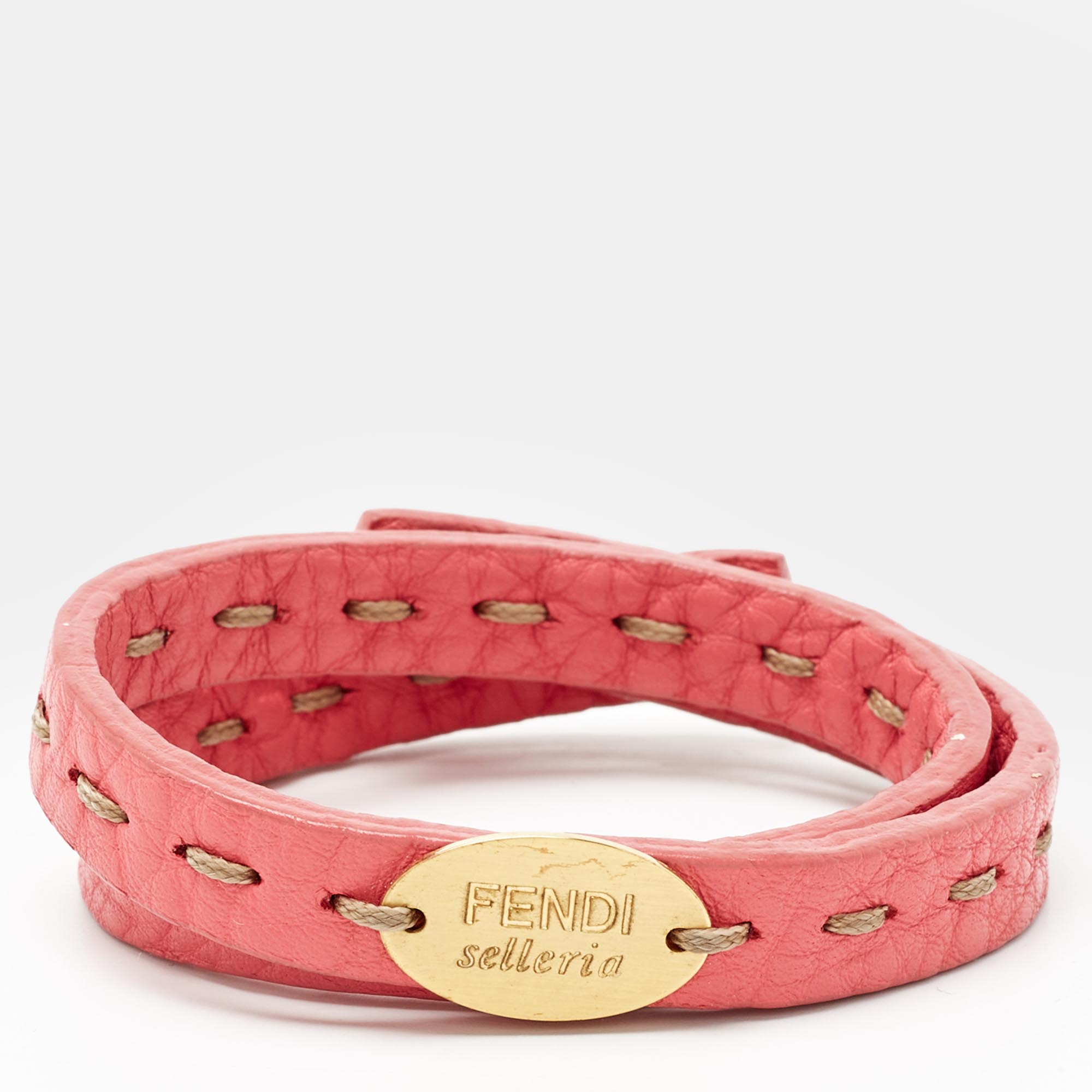FENDI Sellaria Pink Leather Gold Tone Wrap Bracelet