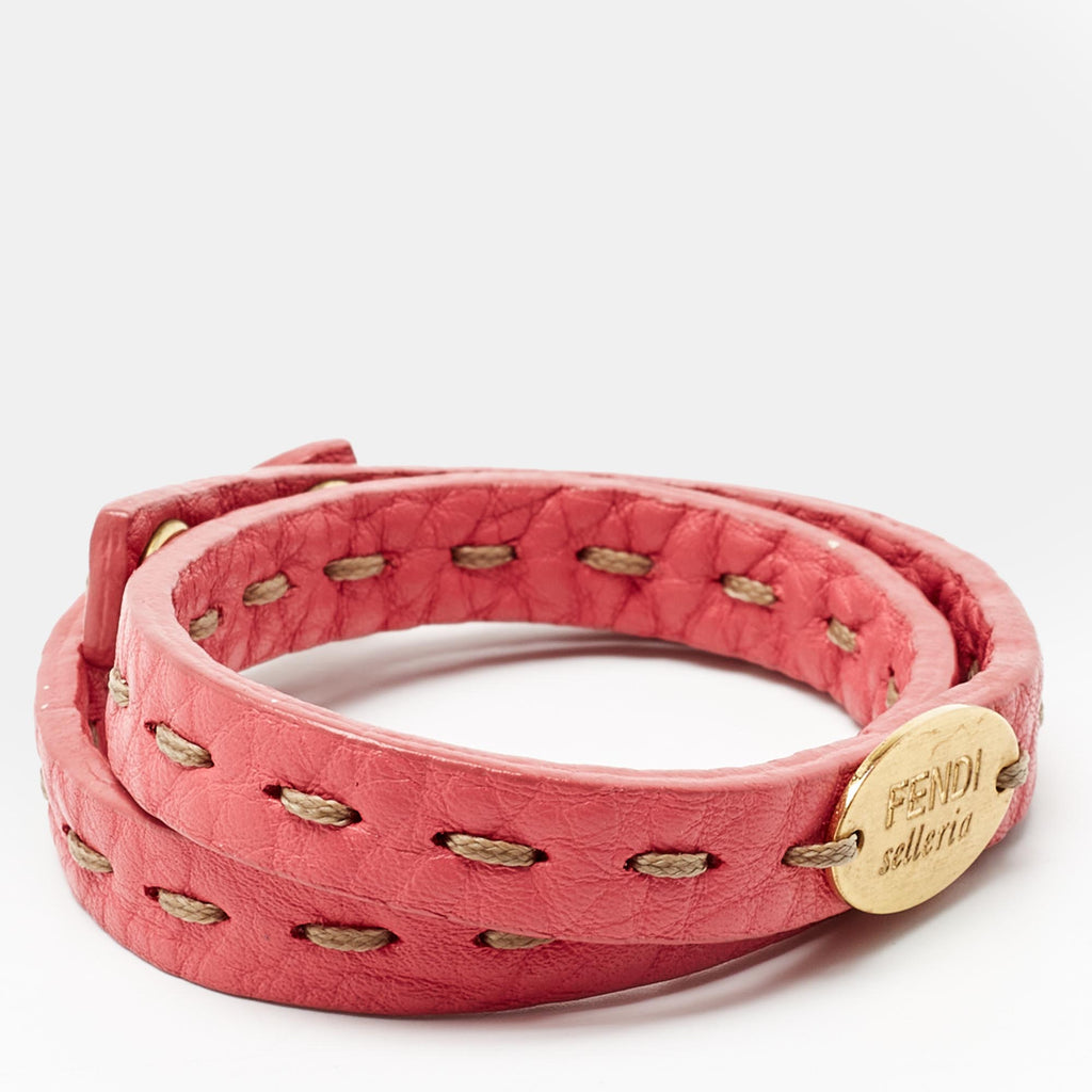 FENDI Sellaria Pink Leather Gold Tone Wrap Bracelet