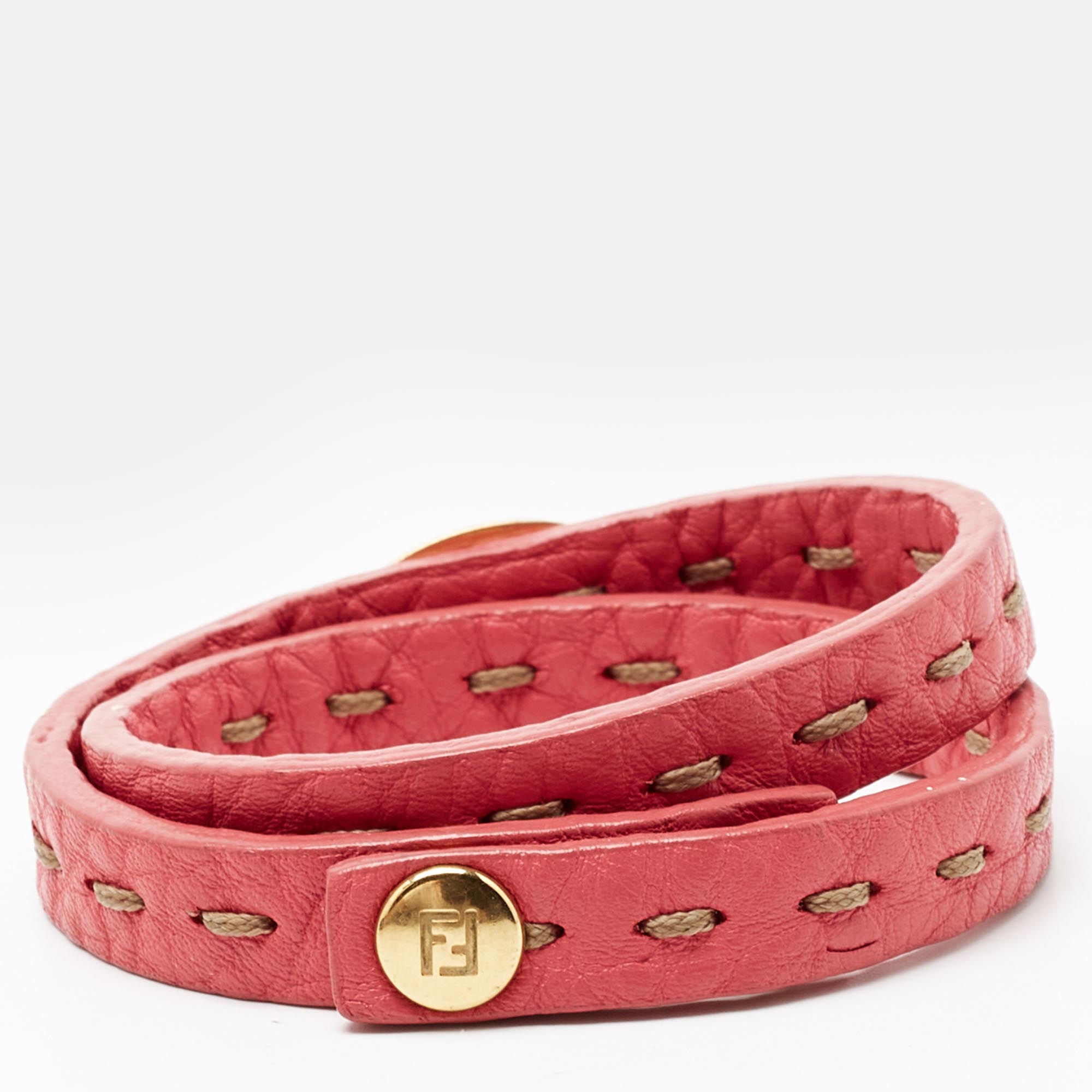 FENDI Sellaria Pink Leather Gold Tone Wrap Bracelet