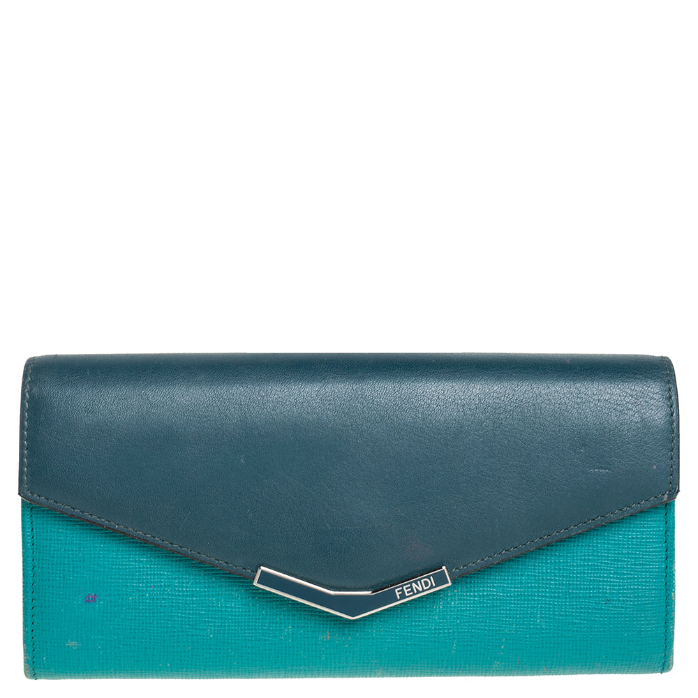 Fendi Two Tone Green Leather 2Jours Continental Wallet