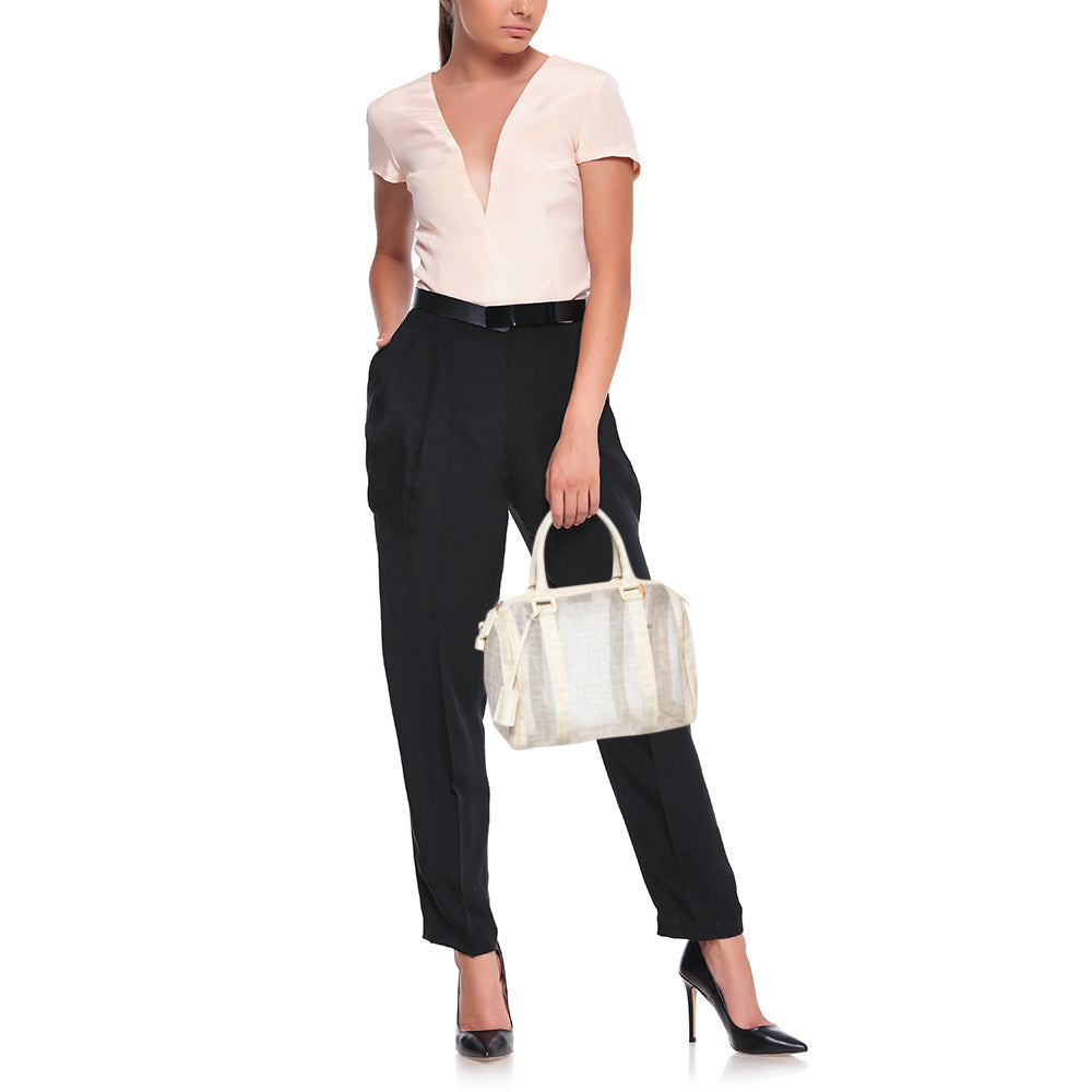 Fendi White Zucca Mesh and Coated Canvas Bauletto Boston Bag