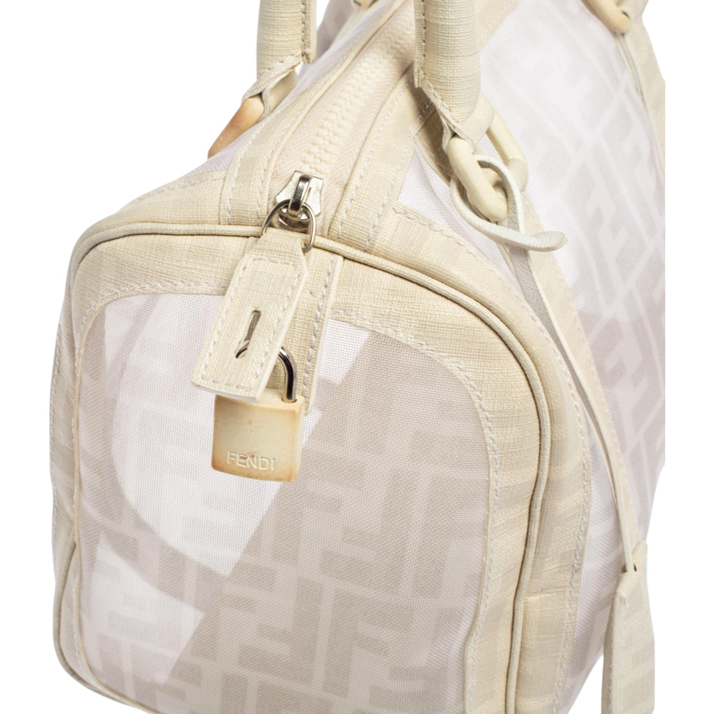 Fendi White Zucca Mesh and Coated Canvas Bauletto Boston Bag