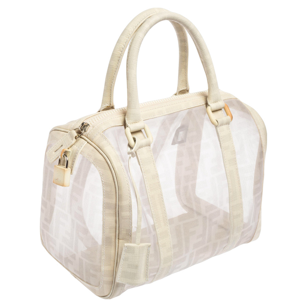 Fendi White Zucca Mesh and Coated Canvas Bauletto Boston Bag