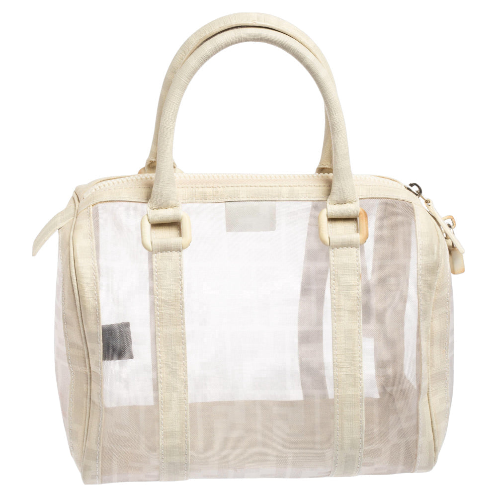 Fendi White Zucca Mesh and Coated Canvas Bauletto Boston Bag