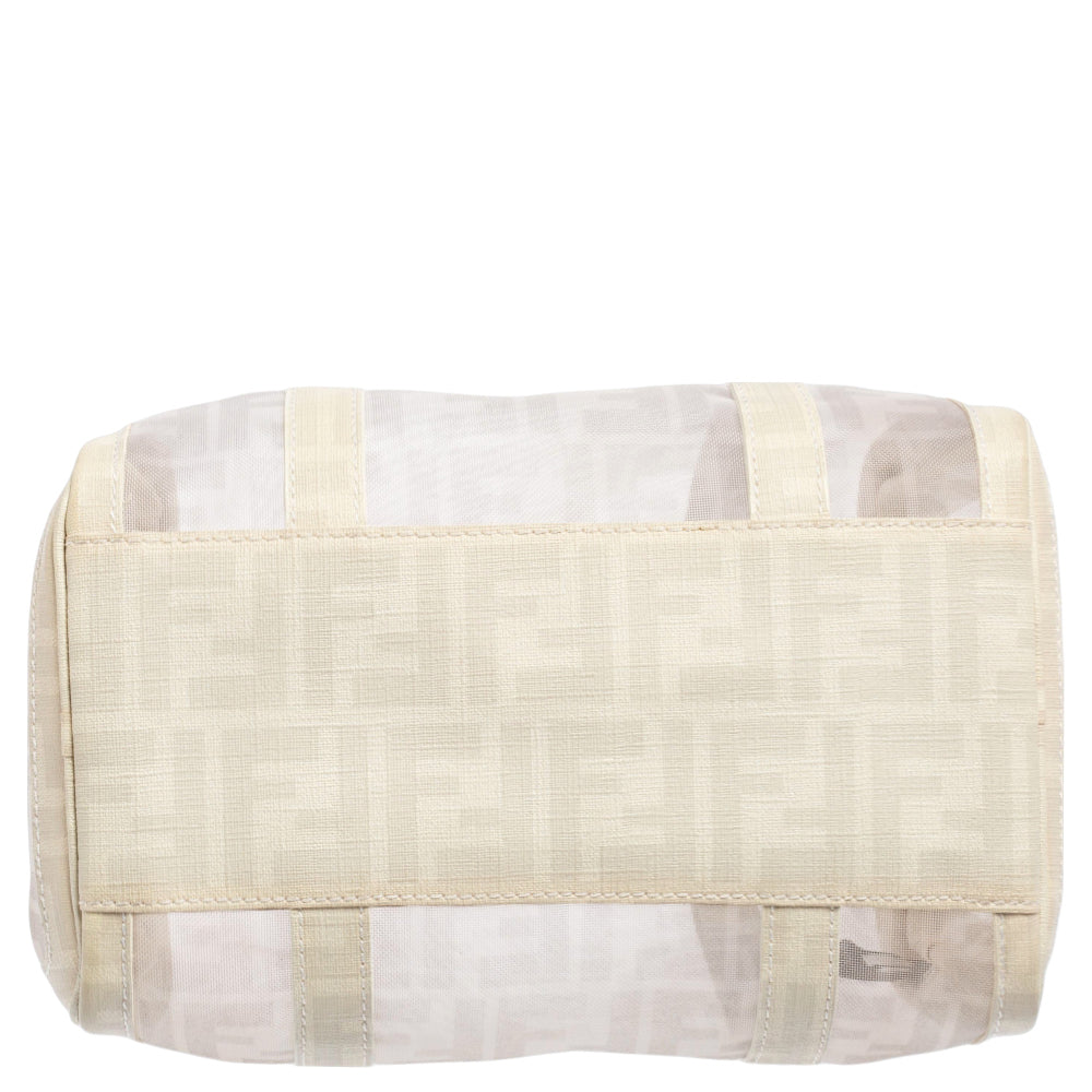 Fendi White Zucca Mesh and Coated Canvas Bauletto Boston Bag