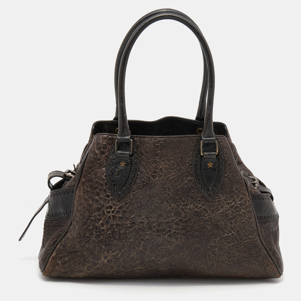 Fendi Brown/Gold Glitter Leather Medium Du Jour Satchel