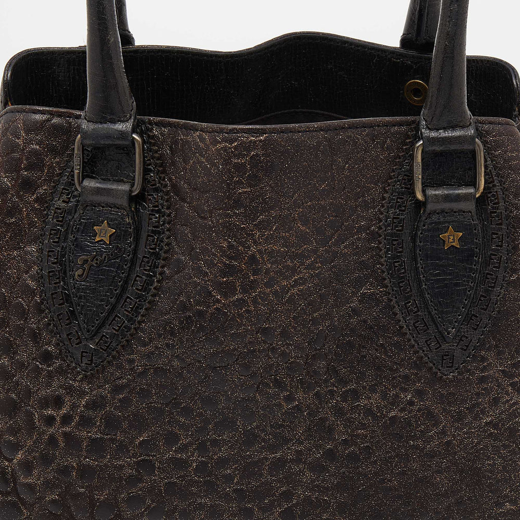 Fendi Brown/Gold Glitter Leather Medium Du Jour Satchel