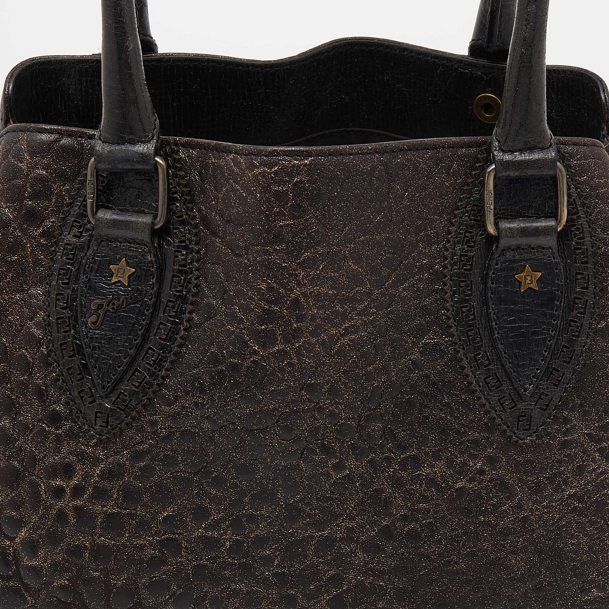 Fendi Brown/Gold Glitter Leather Medium Du Jour Satchel