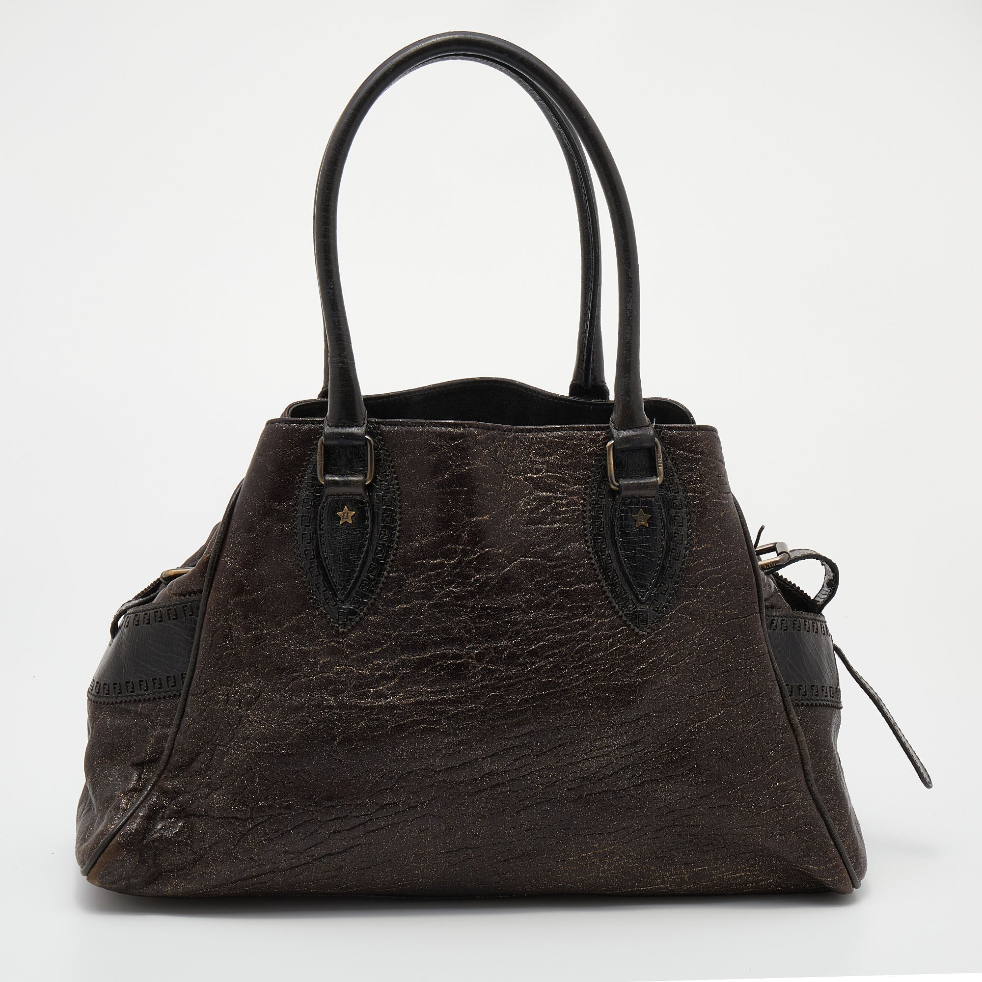 Fendi Brown/Gold Glitter Leather Medium Du Jour Satchel