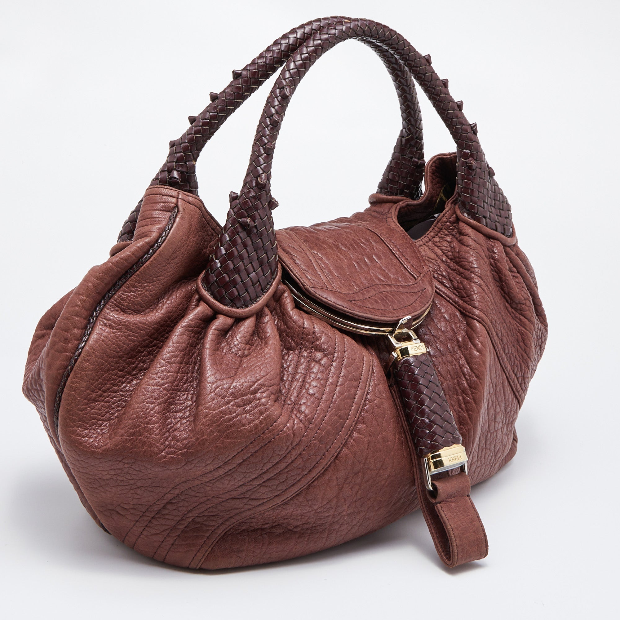 FENDI Two Tone Brown Pebbled Leather Spy Bag