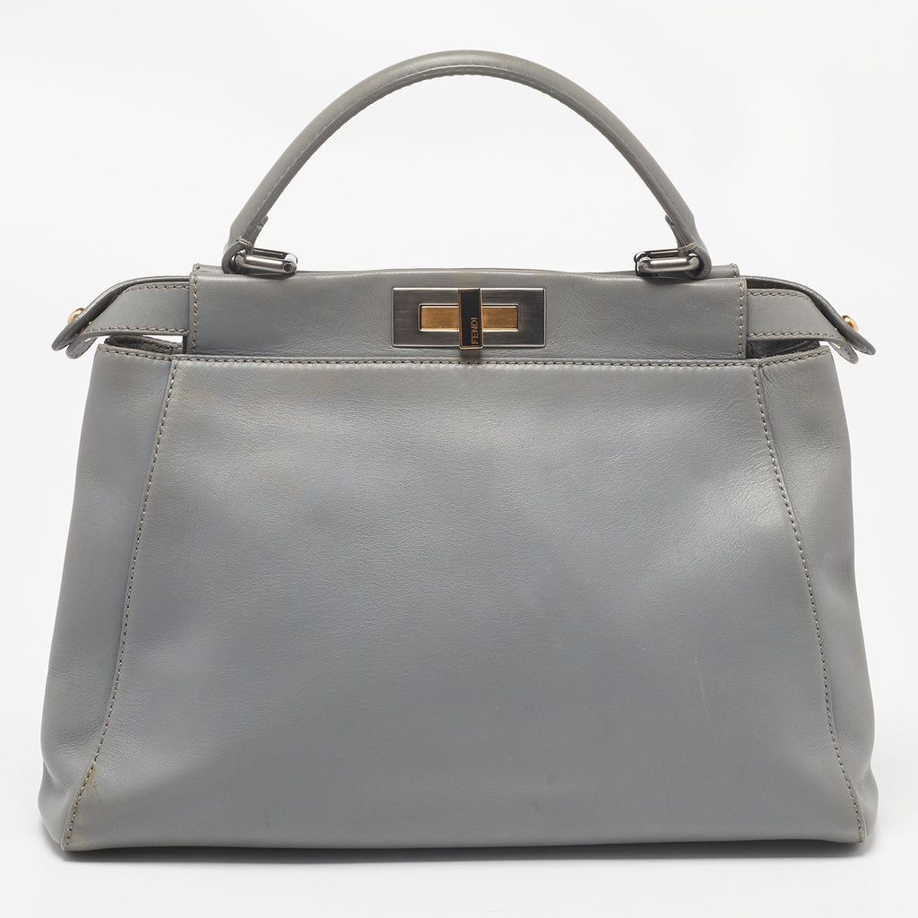 FENDI Grey Leather Medium Peekaboo Top Handle Bag