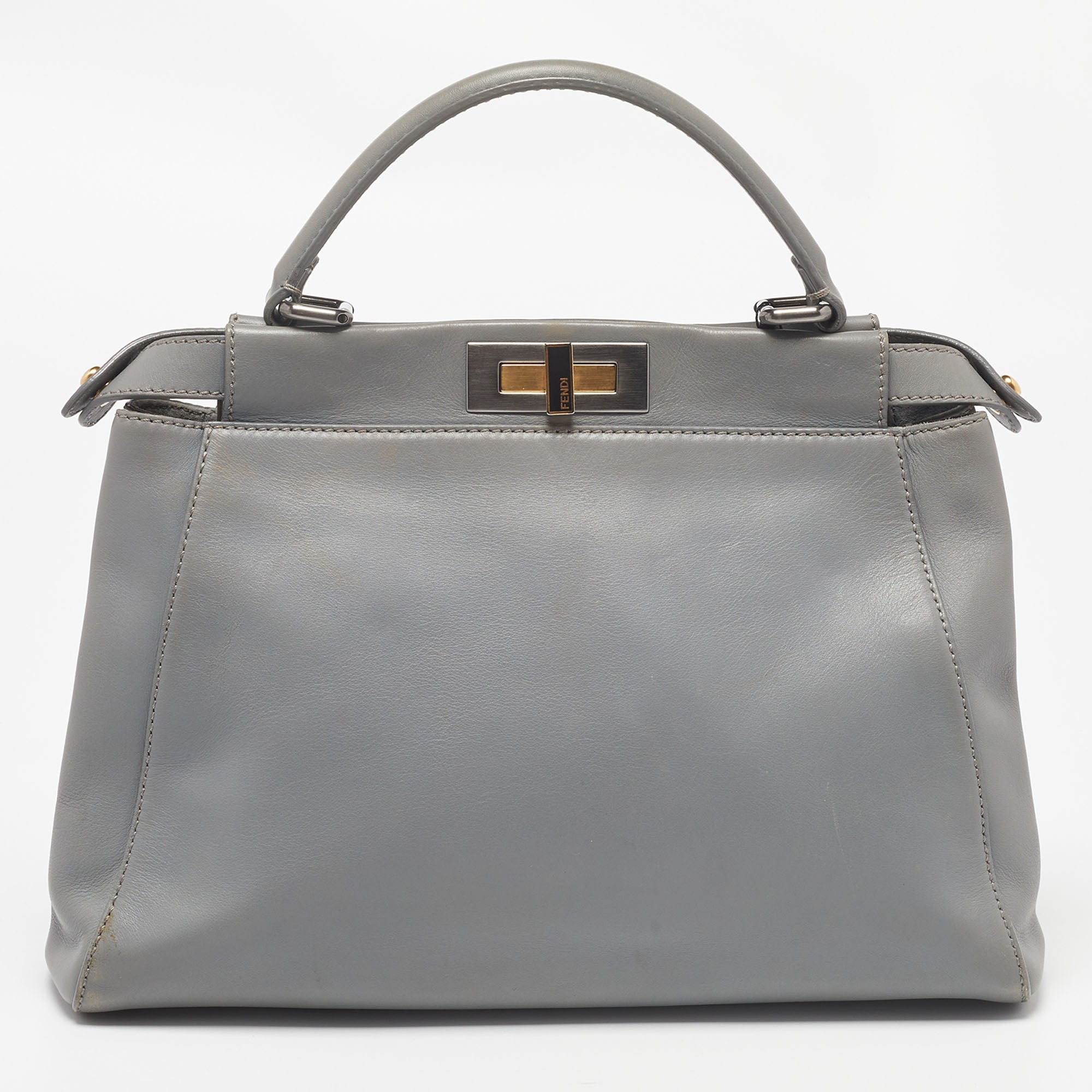 FENDI Grey Leather Medium Peekaboo Top Handle Bag