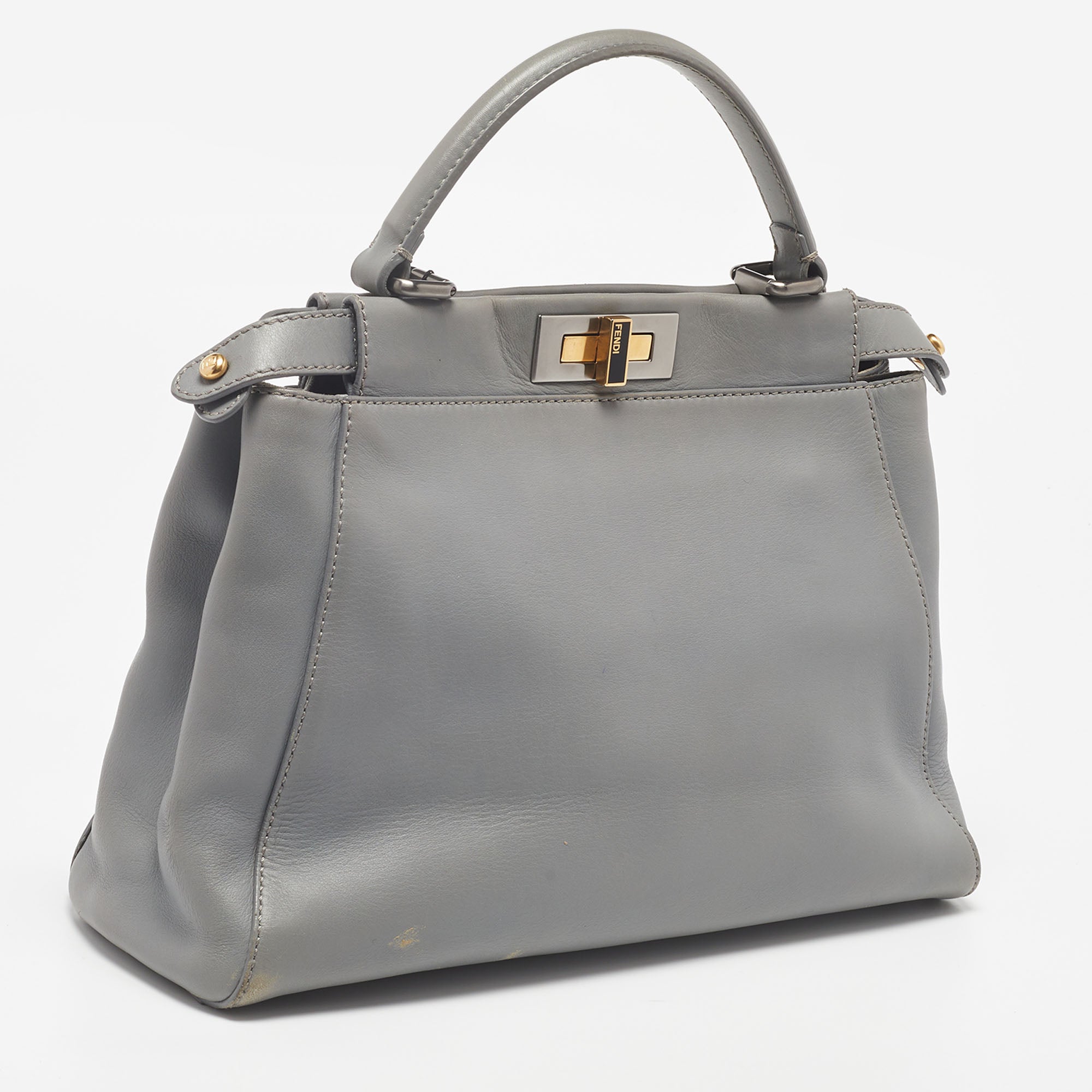 FENDI Grey Leather Medium Peekaboo Top Handle Bag