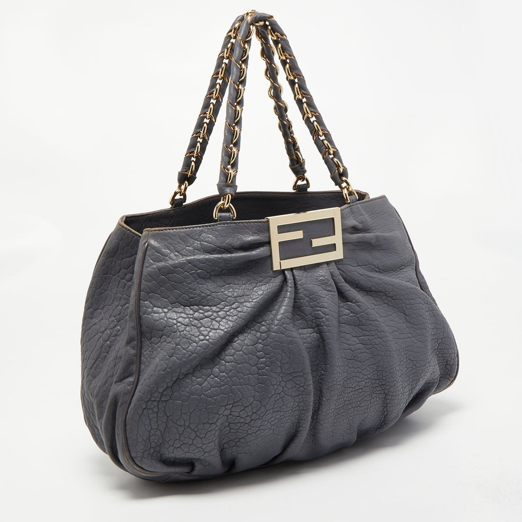 FENDI Light Blue Textured Leather Large Mia Hobo